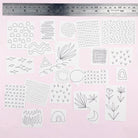 Iron-On Embroidery Patterns: Slow Stitching Textures with various minimalist black line designs on white paper squares on pink background