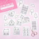 Embroidered little house and tree patterns with scissors on a pink background for Little Houses: Stick and Stitch Embroidery Patterns
