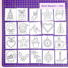 Set of black line drawings on a purple grid with measurements