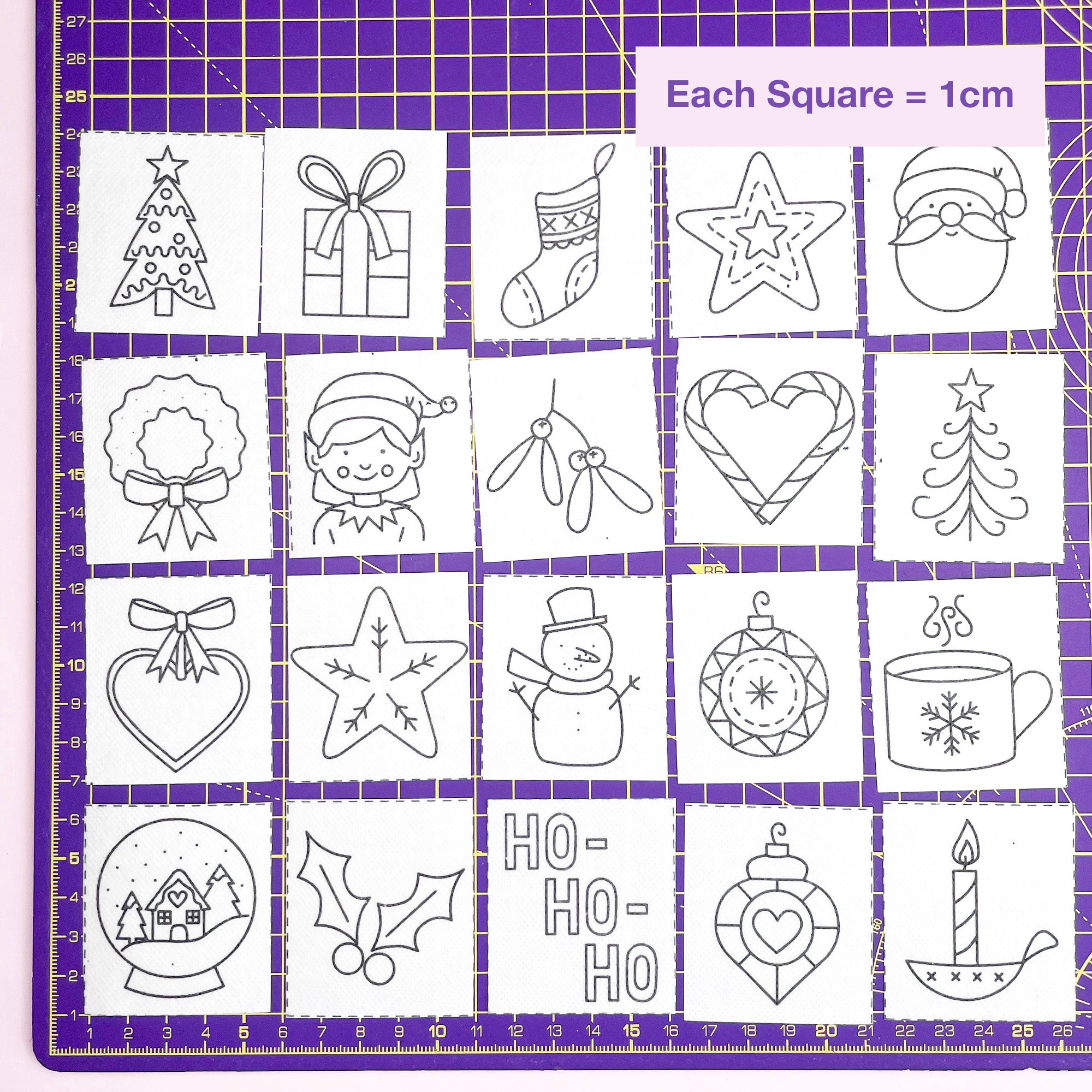 Set of black line drawings on a purple grid with measurements