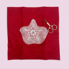 A square piece of deep red fabric with a star-shaped stick and stitch embroidery patch, styled with a pair of gold-handled scissors on a light pink background.