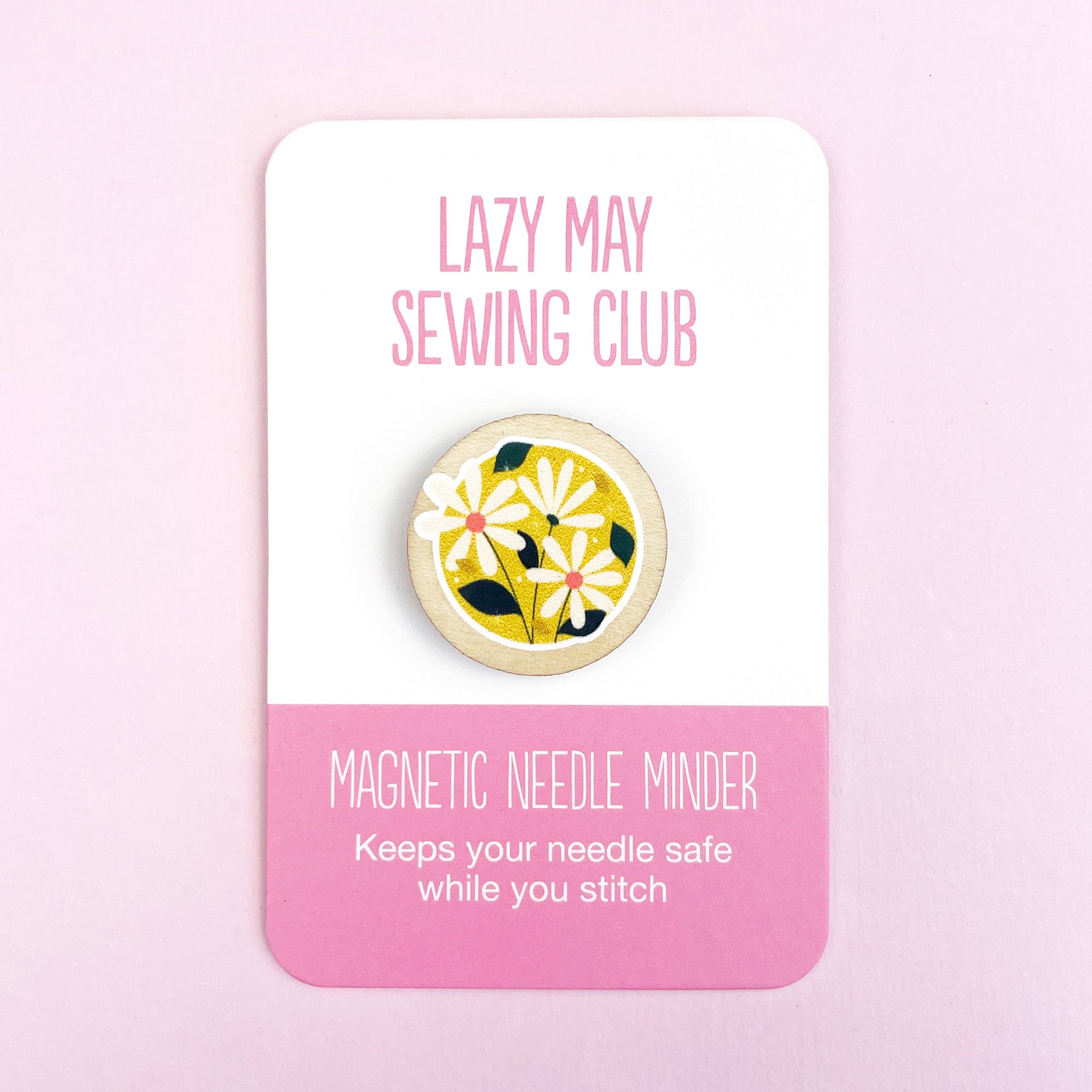 Lazy May Sewing Club magnetic needle minder with floral design on a pink card