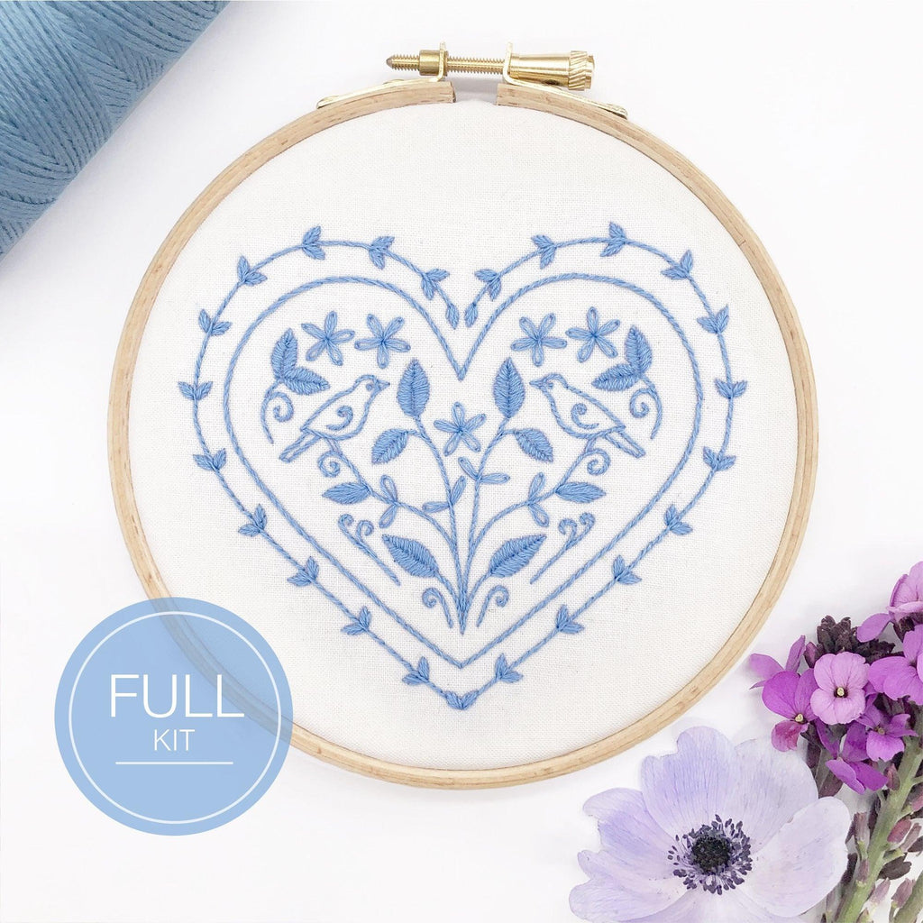 Hearts and Birds (blue): Modern Embroidery Kit - Lazy May Embroidery