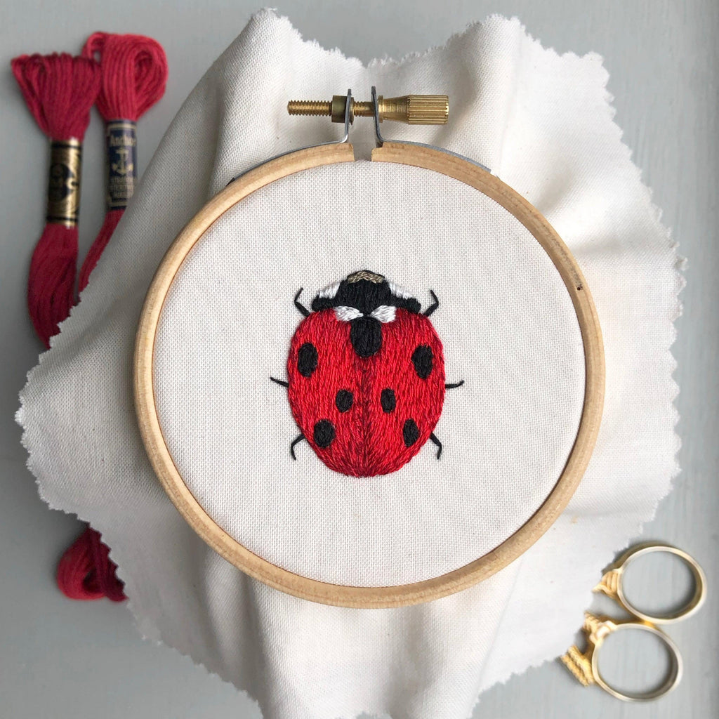Needle painted ladybird in embroidery hoop Bugs and Butterflies: Iron-On Embroidery Transfer Patterns - Lazy May Embroidery