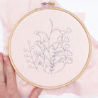 Embroidery hoop with botanical design ironed onto fabric