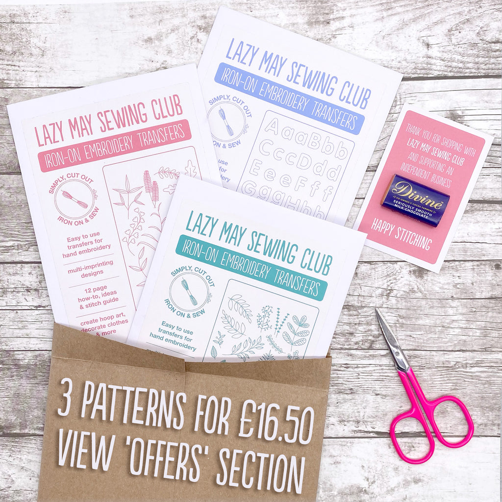 Buy three embroidery patterns for £16.50 special offer lazy May sewing club