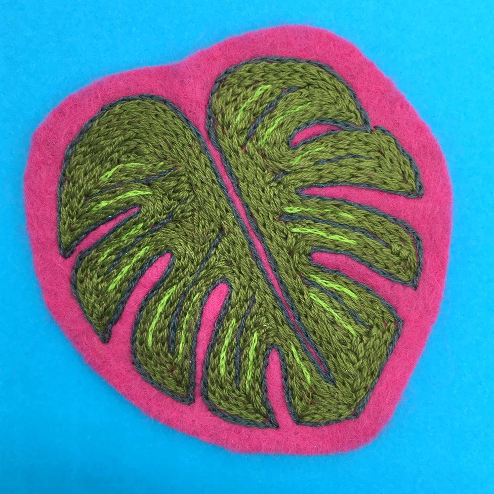 hand embroidered monstera leaf felt patch